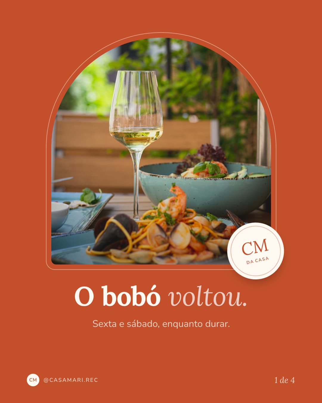 Post de restaurante desenhado pela Lumos: foto do prato e a manchete O bobó voltou